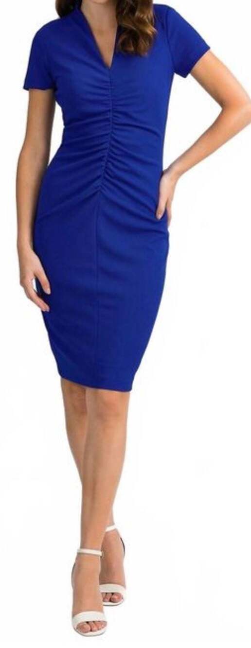 Joseph Ribkoff Royal Blue V-Neck Ruched Front Bodycon Dress